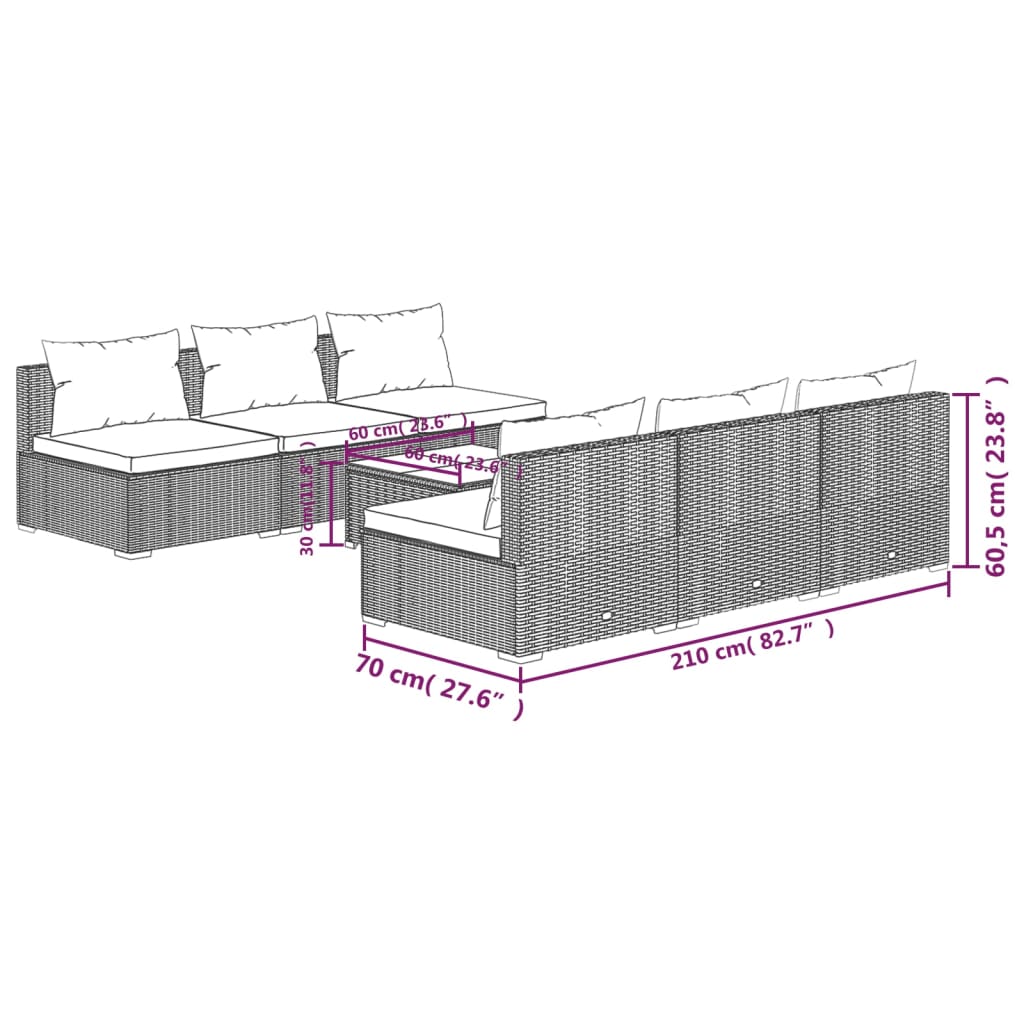 vidaXL 7-tlg. Garten-Lounge-Set mit Auflagen Poly Rattan Schwarz