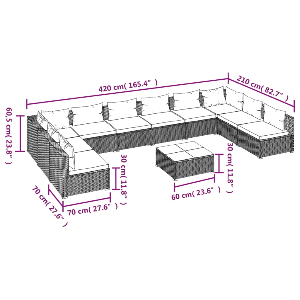 vidaXL 11-tlg. Garten-Lounge-Set mit Kissen Poly Rattan Grau