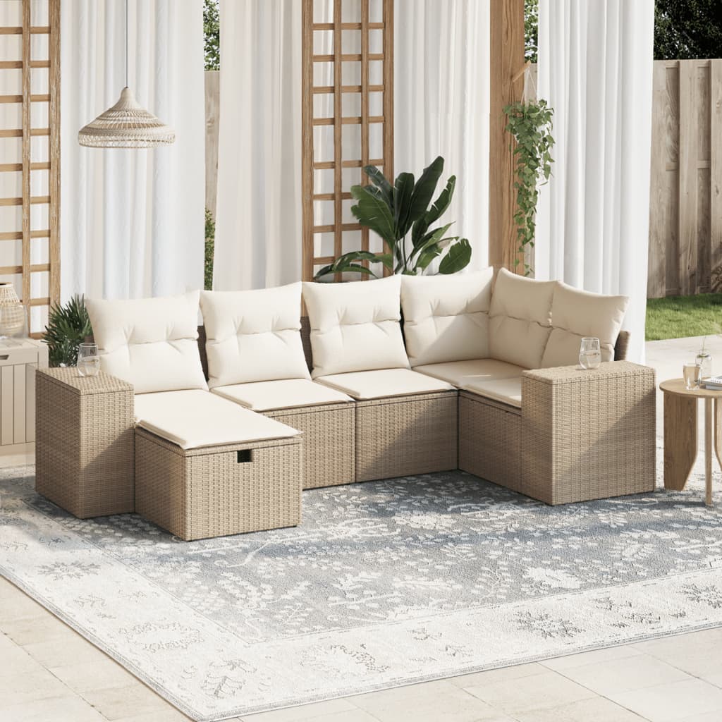 vidaXL 6-tlg. Garten-Sofagarnitur mit Kissen Beige Poly Rattan