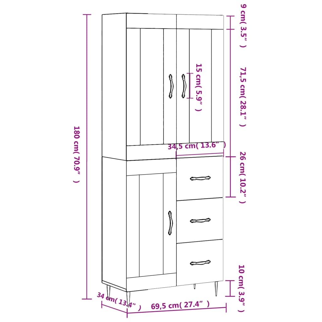 vidaXL Highboard Betongrau 69,5x34x180 cm Holzwerkstoff