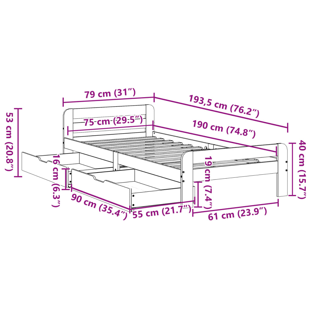 vidaXL Massivholzbett ohne Matratze 75x190 cm Kiefernholz