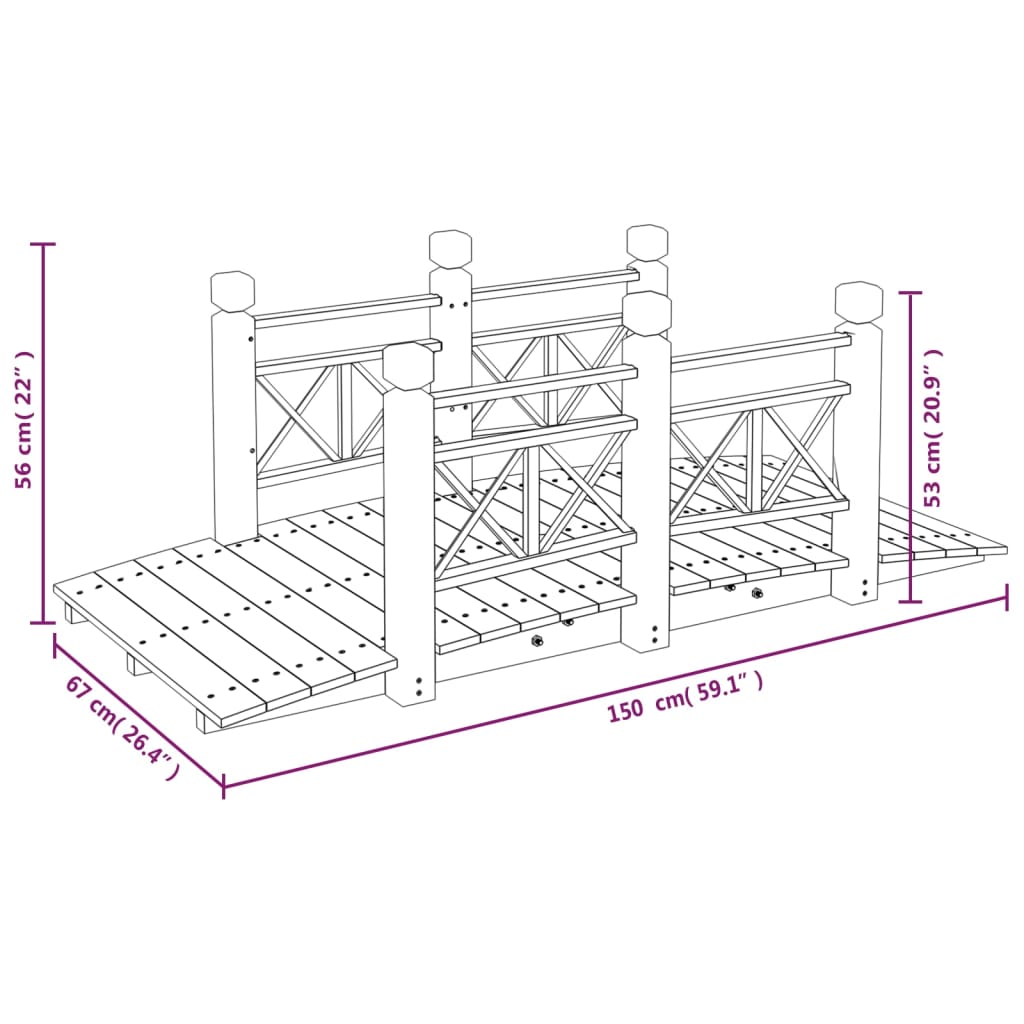 vidaXL Gartenbrücke mit Geländer 150x67x56 cm Massivholz Fichte