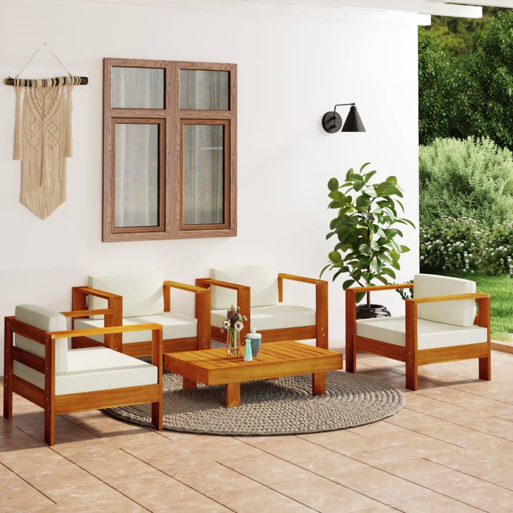 vidaXL 5-tlg. Garten-Lounge-Set mit Cremeweißen Kissen Massivholz