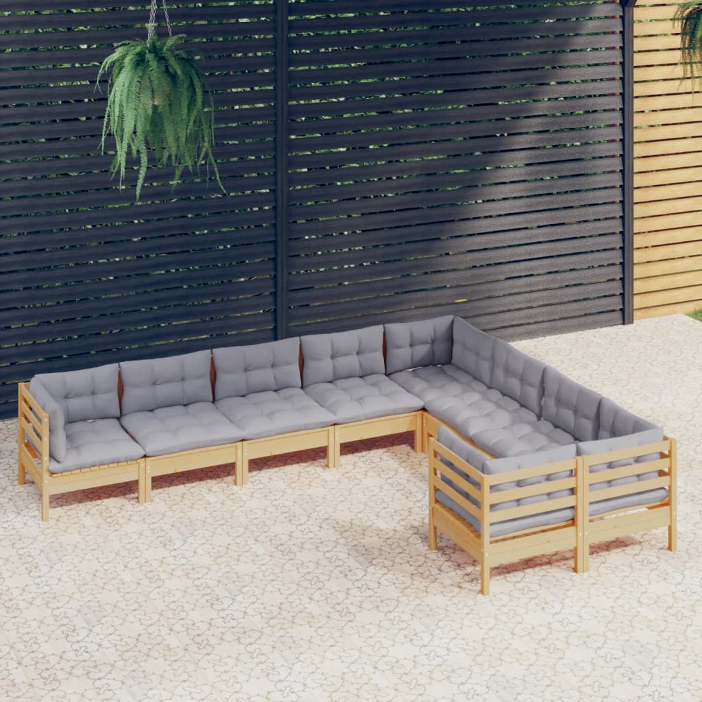 vidaXL 9-tlg. Garten-Lounge-Set mit Grauen Kissen Kiefernholz