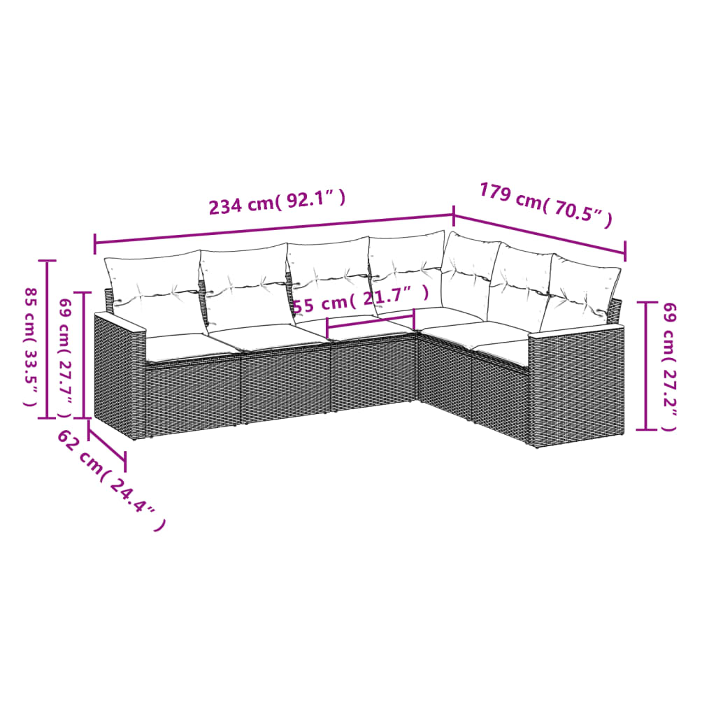 vidaXL 6-tlg. Garten-Sofagarnitur mit Kissen Grau Poly Rattan