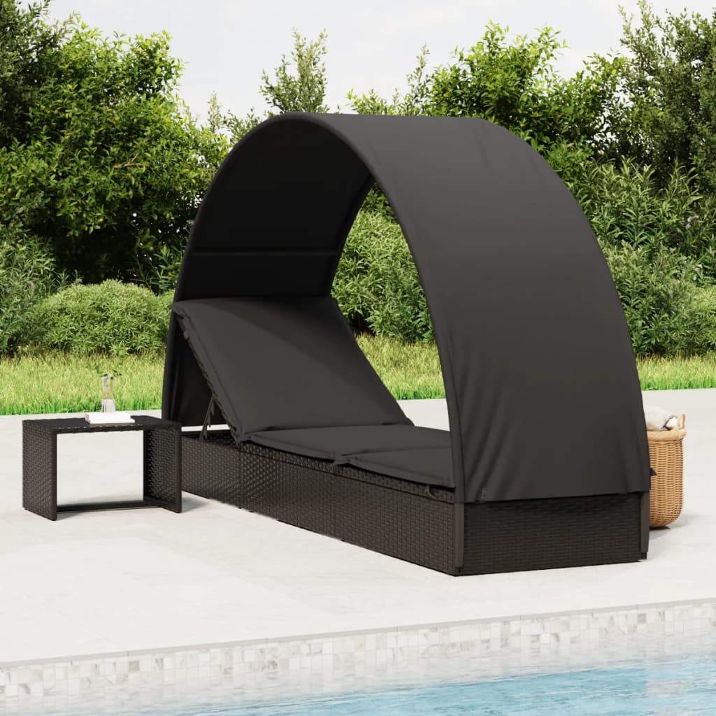 vidaXL Sonnenliege mit Runddach Schwarz 211x57x140 cm Poly Rattan