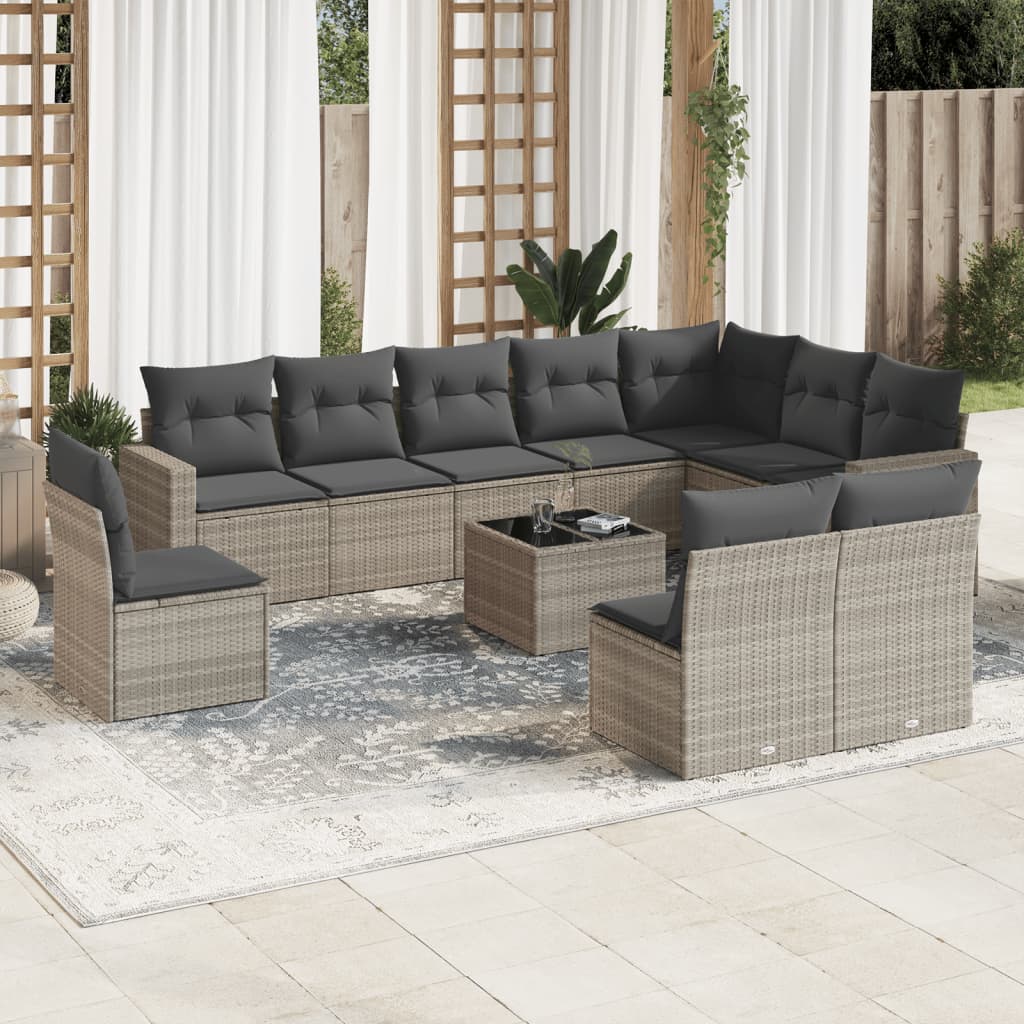 vidaXL 11-tlg. Garten-Sofagarnitur mit Kissen Hellgrau Poly Rattan