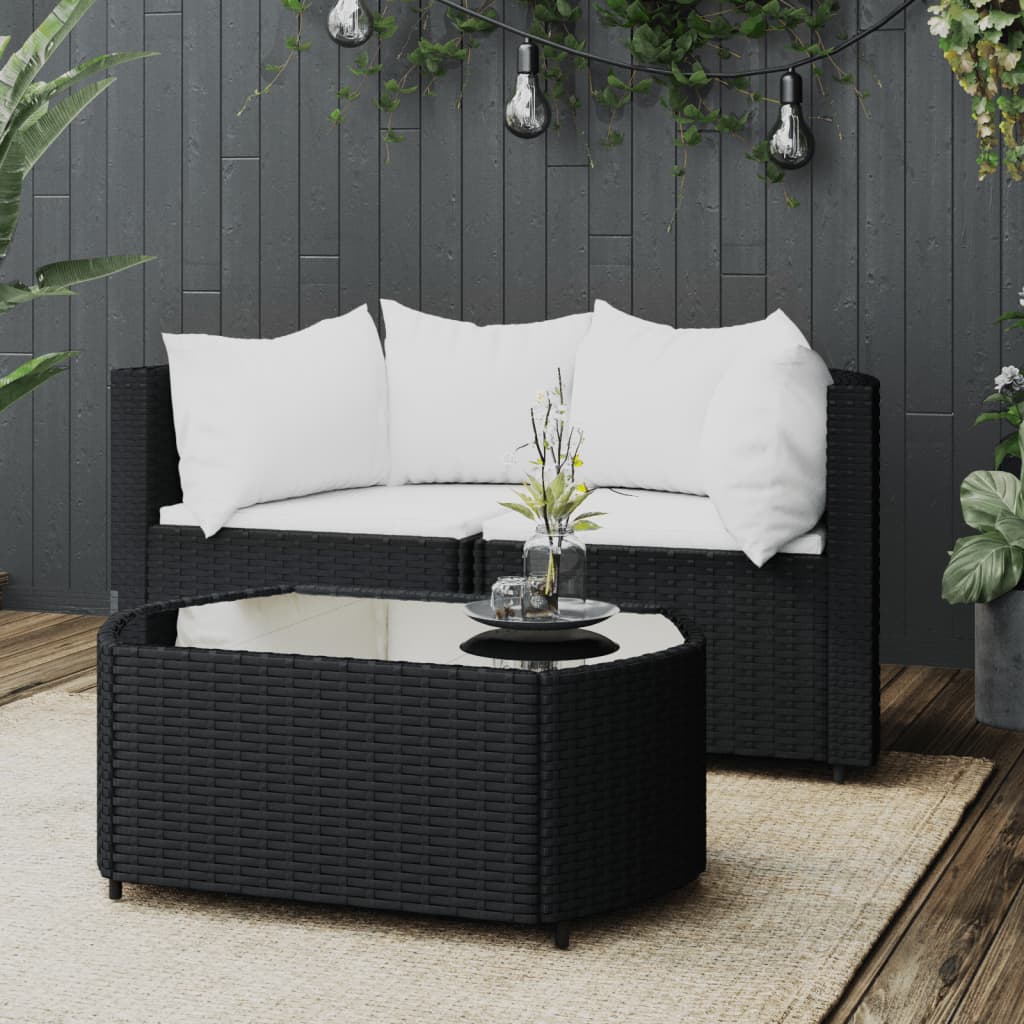 vidaXL 3-tlg. Garten-Lounge-Set mit Kissen Schwarz Poly Rattan