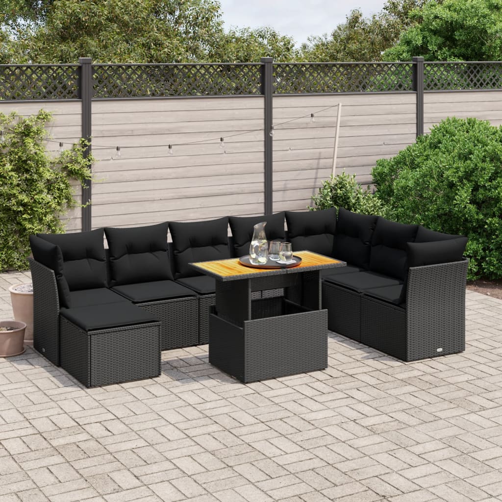 vidaXL 9-tlg. Garten-Sofagarnitur mit Kissen Schwarz Poly Rattan