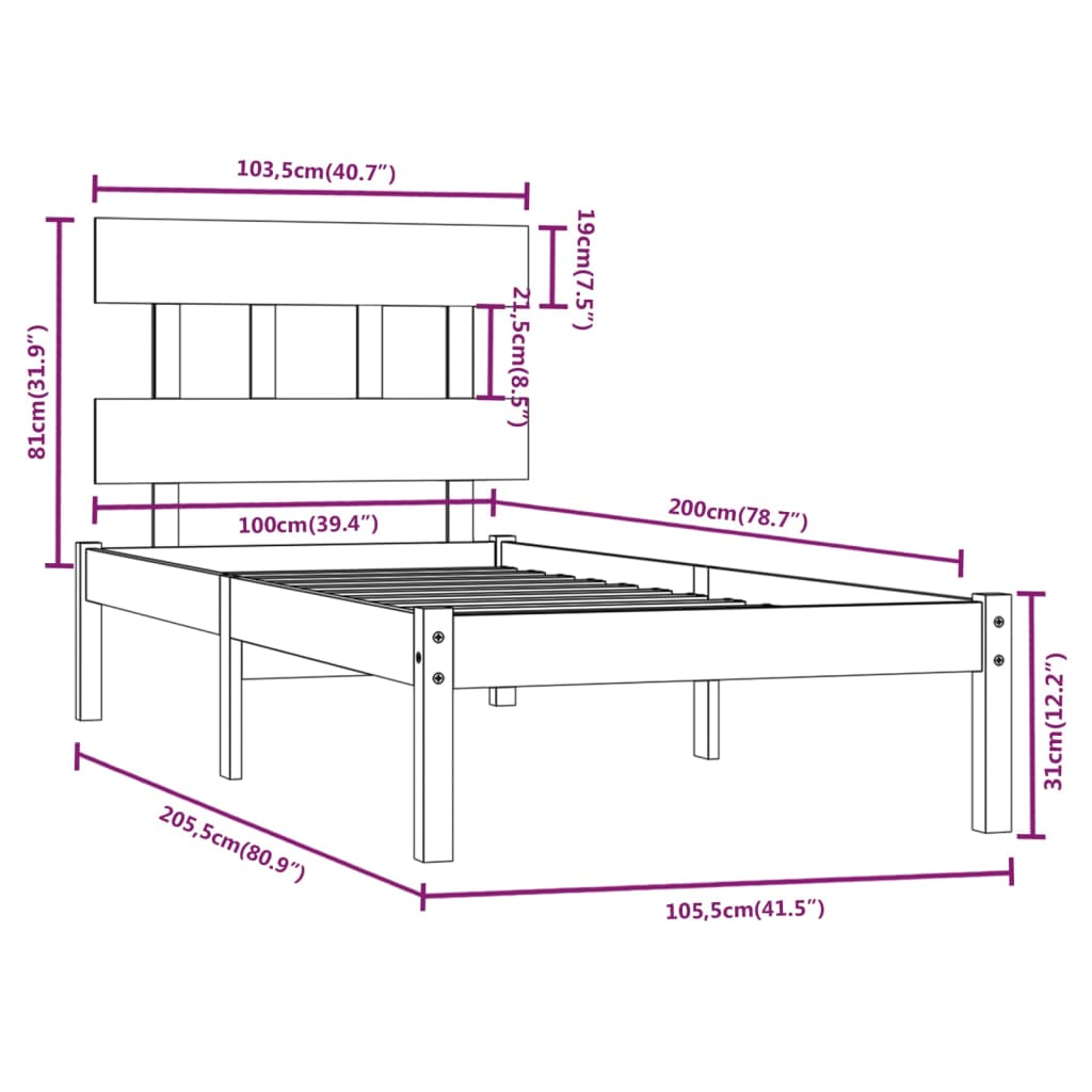 vidaXL Massivholzbett 100x200 cm