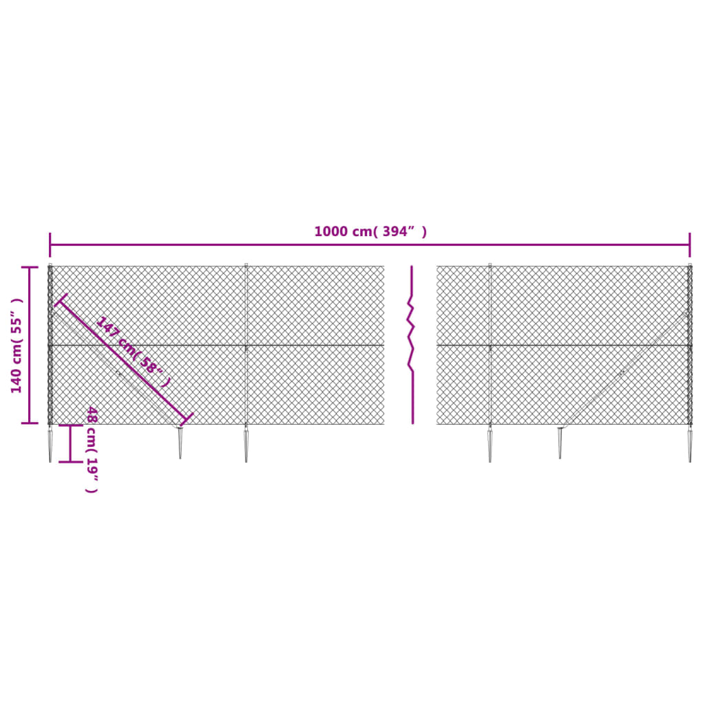 vidaXL Maschendrahtzaun mit Bodenhülsen Silbern 1,4x10 m