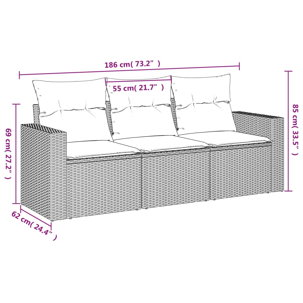 vidaXL 3-tlg. Garten-Sofagarnitur mit Kissen Beige Poly Rattan