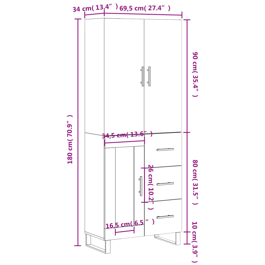 vidaXL Highboard Betongrau 69,5x34x180 cm Holzwerkstoff