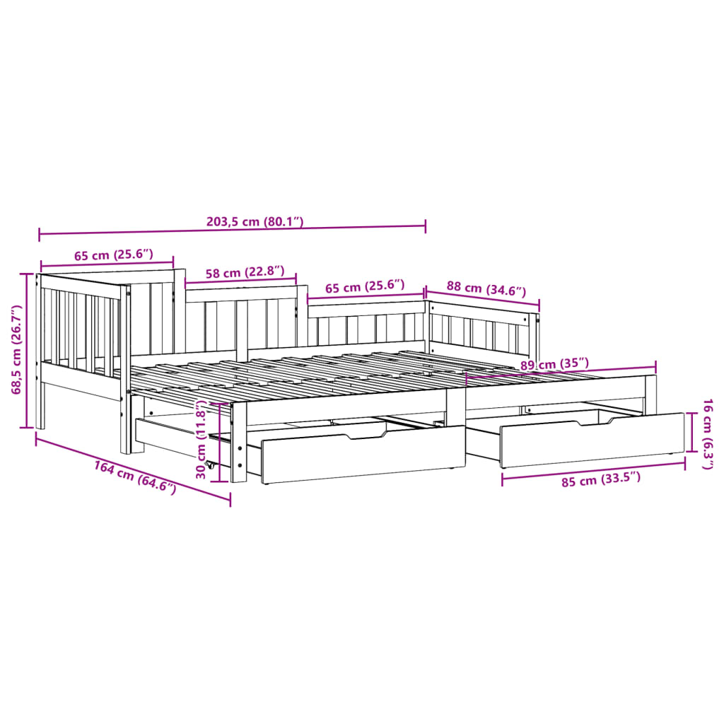 vidaXL Tagesbett Ausziehbar mit Schubladen Weiß 80x200 cm Kiefernholz