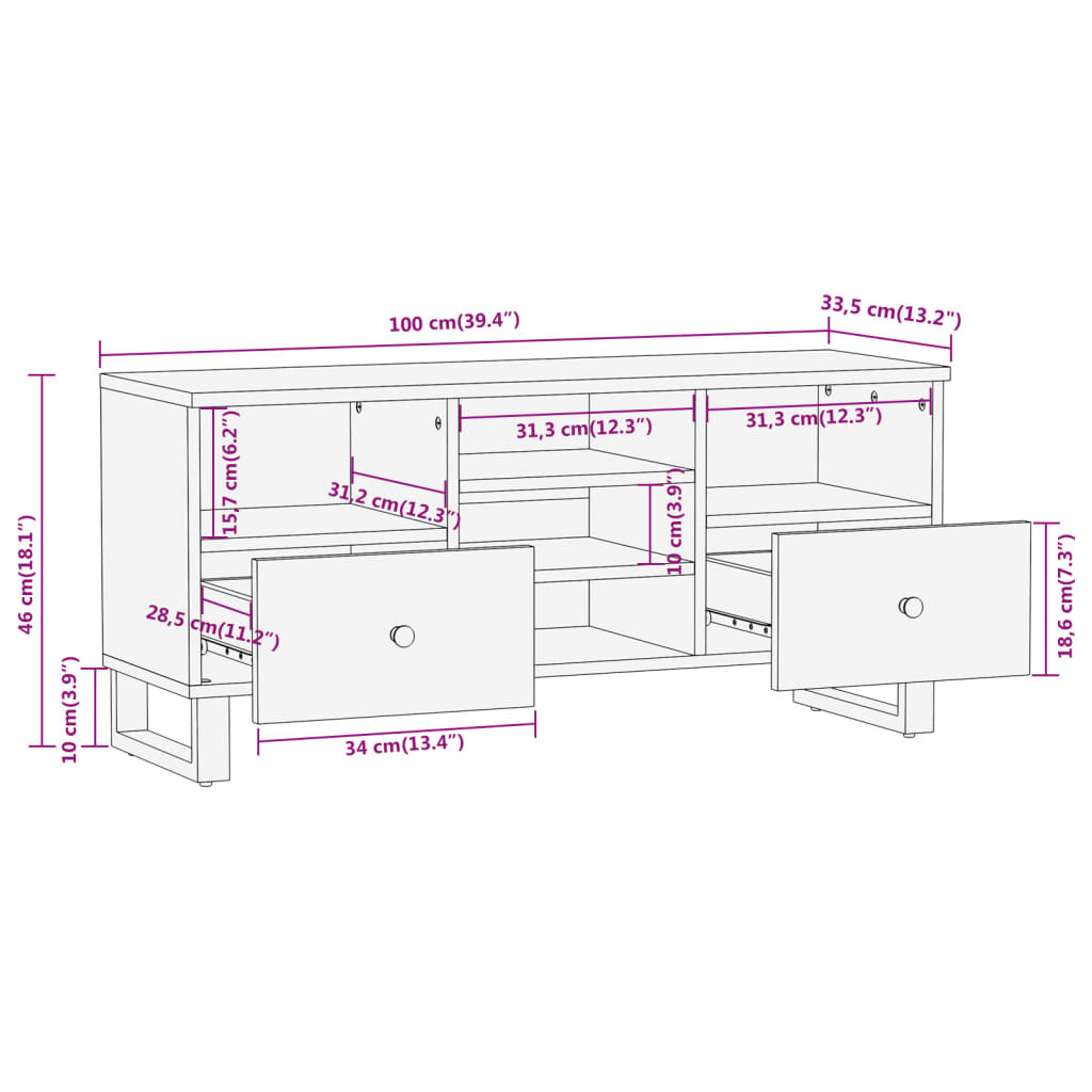 vidaXL TV-Schrank Braun und Schwarz 100x33,5x46 cm Massivholz Mango