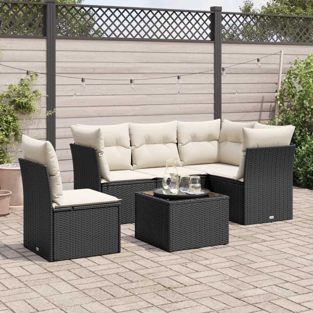 vidaXL 6-tlg. Garten-Sofagarnitur mit Kissen Schwarz Poly Rattan