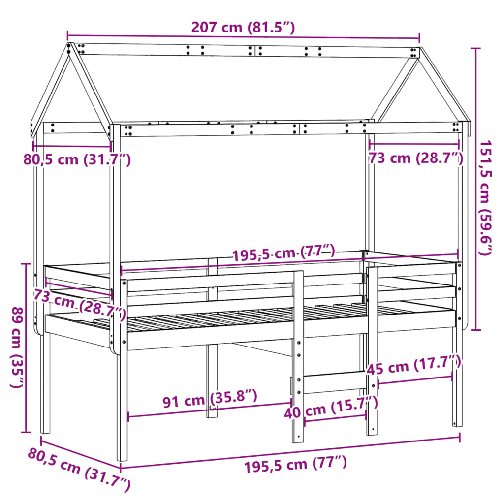 vidaXL Hochbett mit Dach Wachsbraun 75x190 cm Massivholz Kiefer