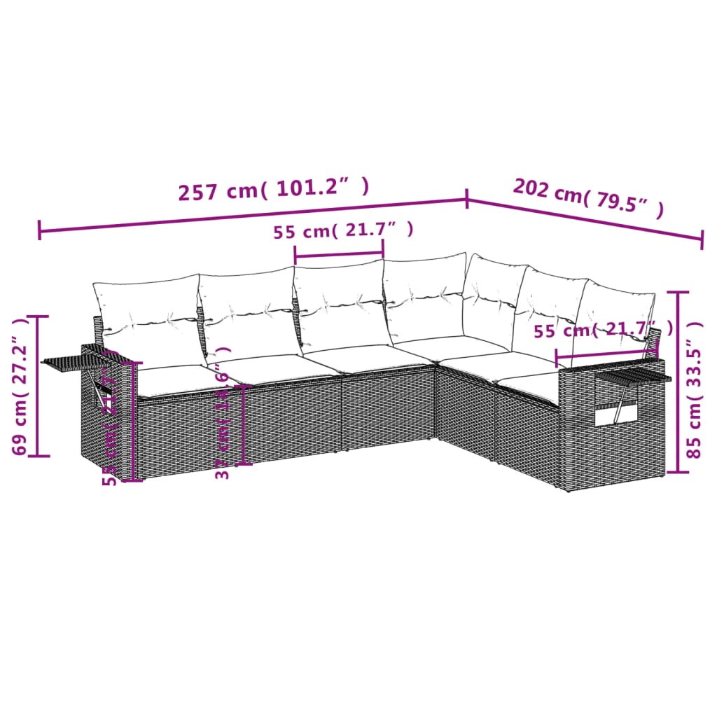 vidaXL 6-tlg. Garten-Sofagarnitur mit Kissen Grau Poly Rattan