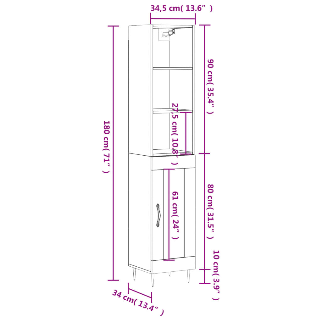 vidaXL Highboard Betongrau 34,5x34x180 cm Holzwerkstoff