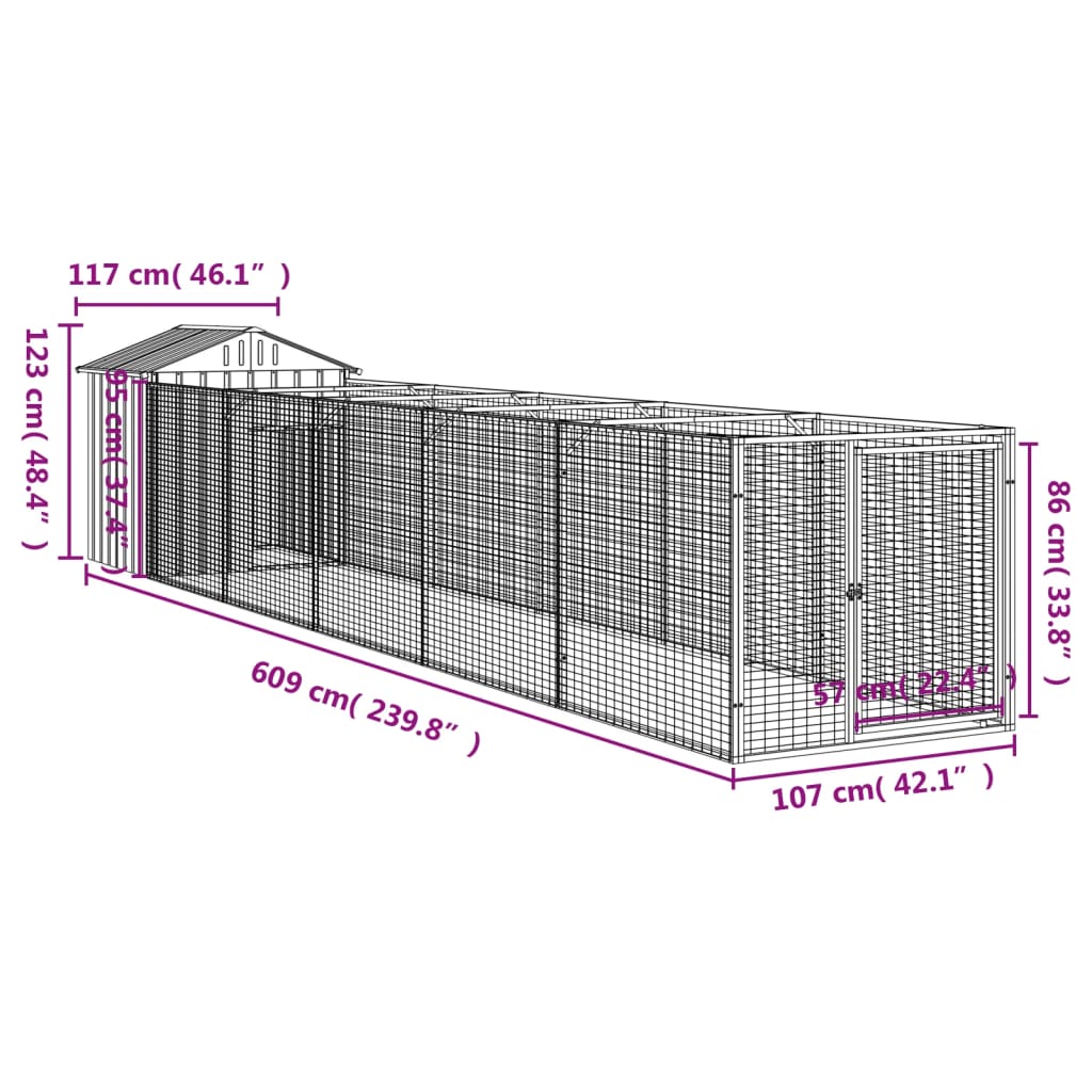 vidaXL Hundehütte mit Dach Hellgrau 117x609x123 cm Verzinkter Stahl