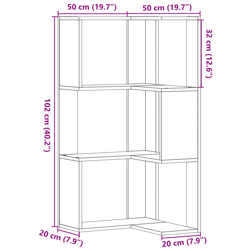 vidaXL Eck-Bücherregal 3 Böden Weiß 50x50x102 cm Holzwerkstoff