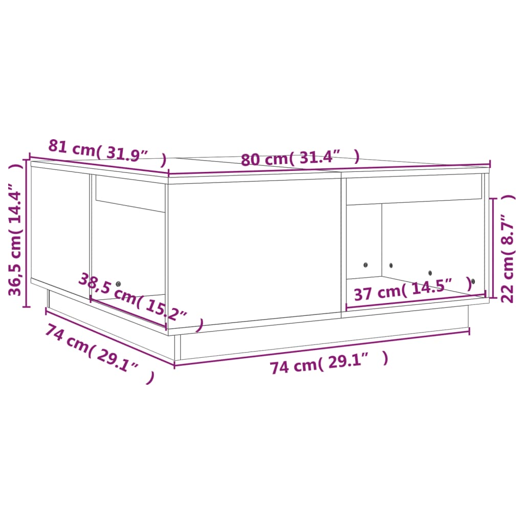 vidaXL Couchtisch Honigbraun 80x81x36,5 cm Massivholz Kiefer