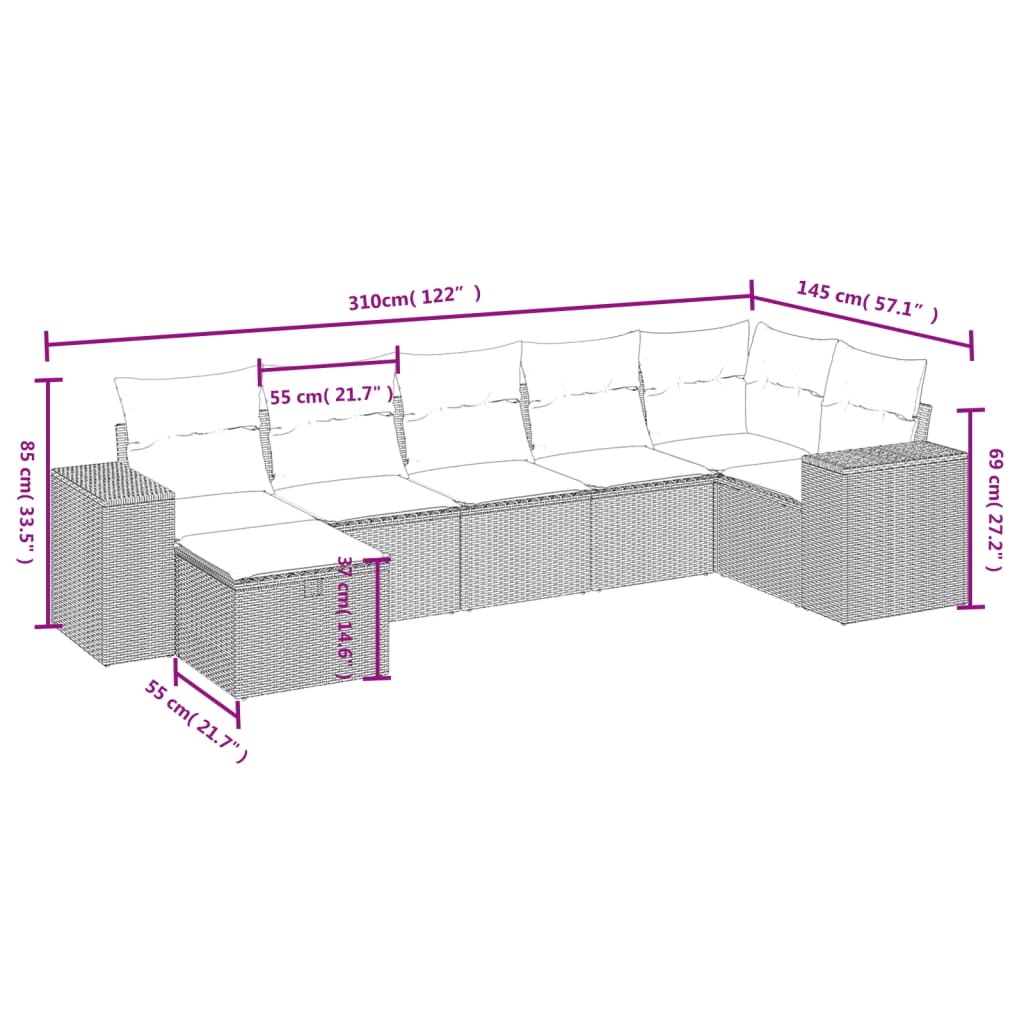 vidaXL 7-tlg. Garten-Sofagarnitur mit Kissen Hellgrau Poly Rattan