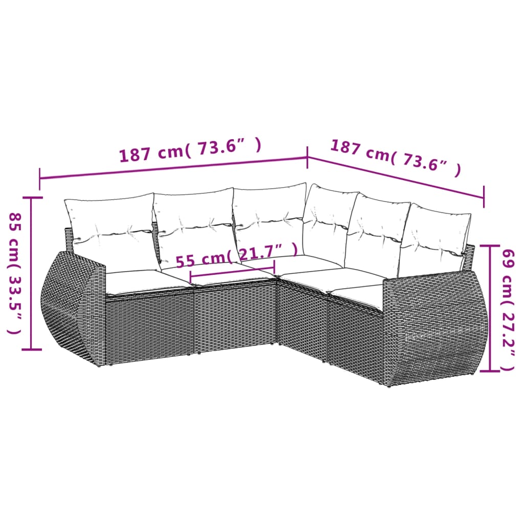 vidaXL 5-tlg. Garten-Sofagarnitur mit Kissen Grau Poly Rattan