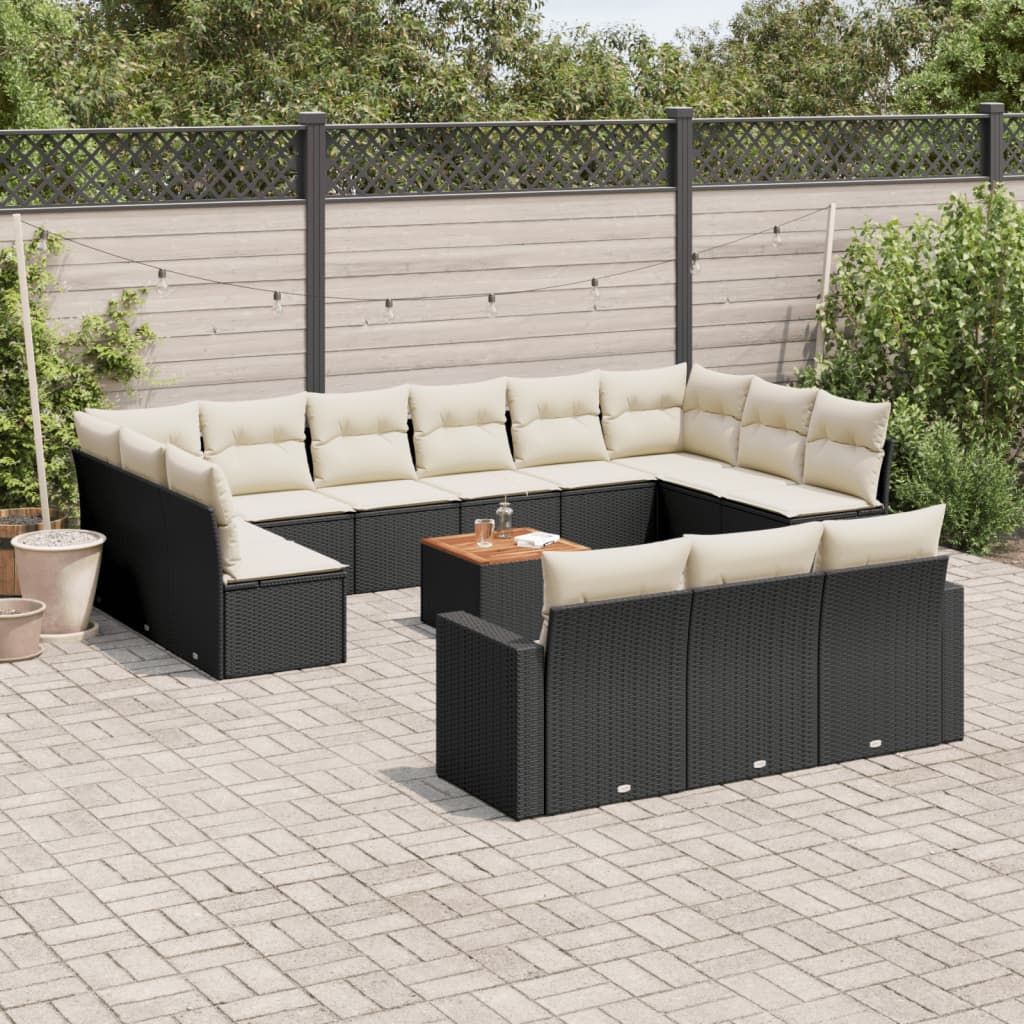 vidaXL 14-tlg. Garten-Sofagarnitur mit Kissen Schwarz Poly Rattan