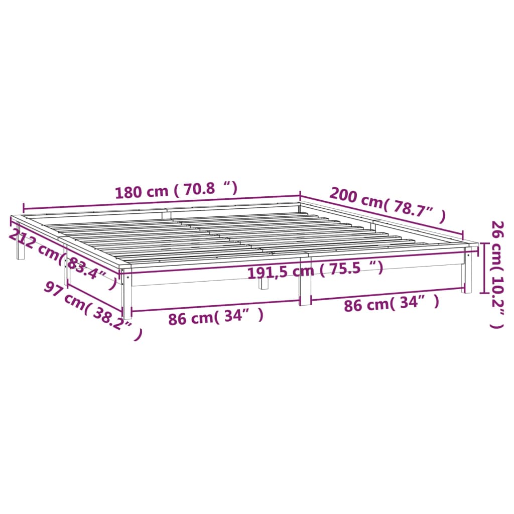 vidaXL Massivholzbett mit LEDs Grau 180x200 cm