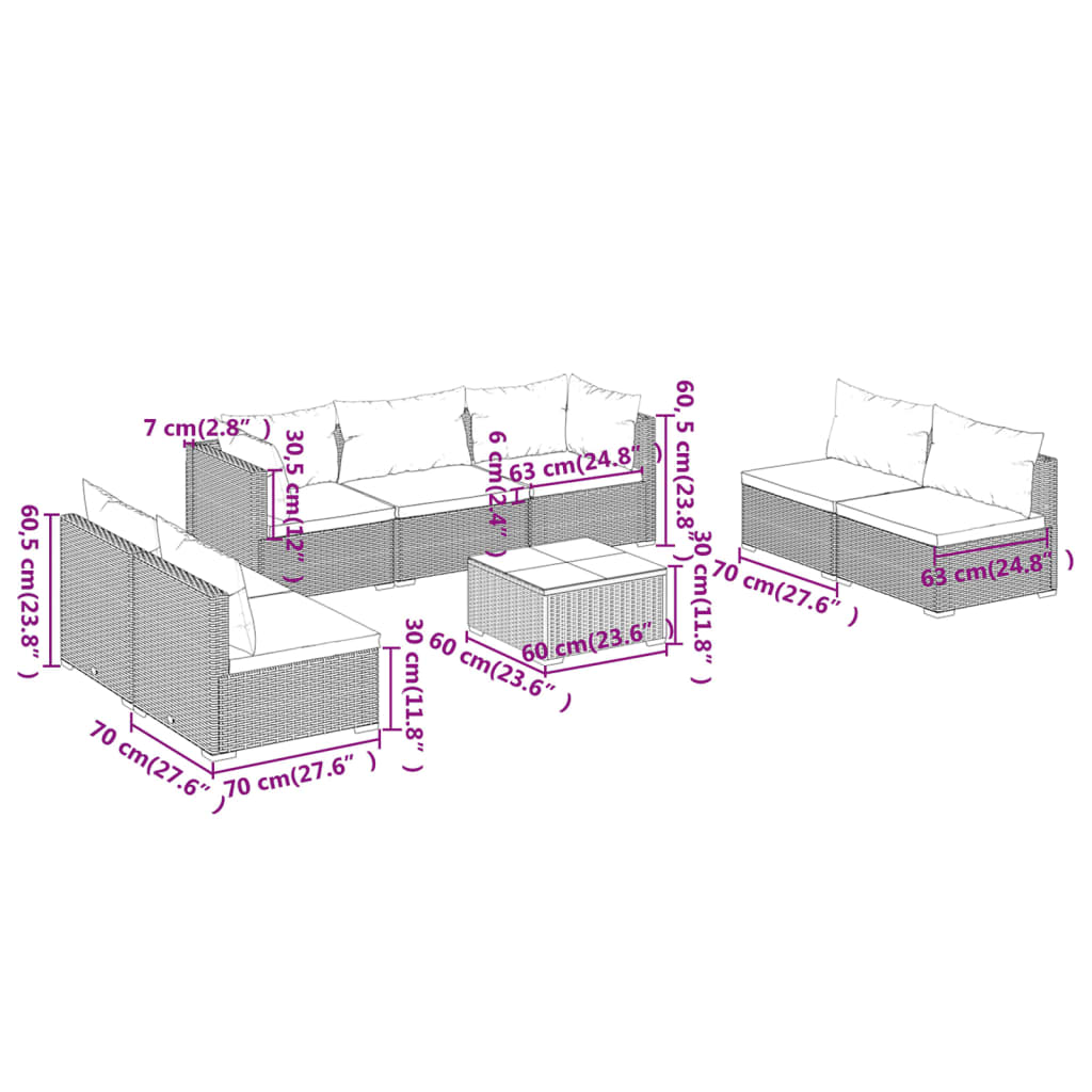 vidaXL 8-tlg. Garten-Lounge-Set mit Kissen Poly Rattan Grau