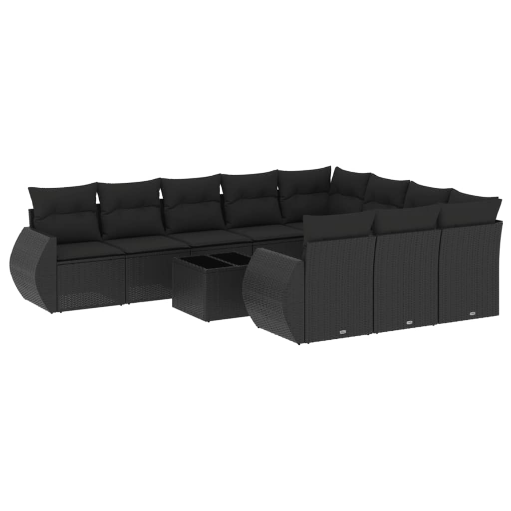 vidaXL 11-tlg. Garten-Sofagarnitur mit Kissen Schwarz Poly Rattan