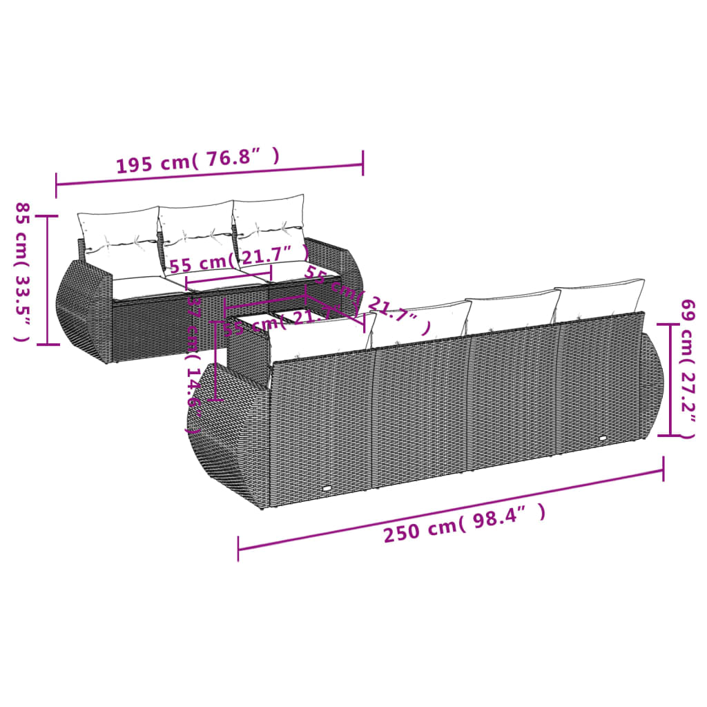 vidaXL 8-tlg. Garten-Sofagarnitur mit Kissen Grau Poly Rattan