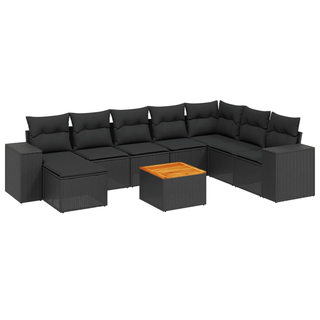 vidaXL 9-tlg. Garten-Sofagarnitur mit Kissen Schwarz Poly Rattan