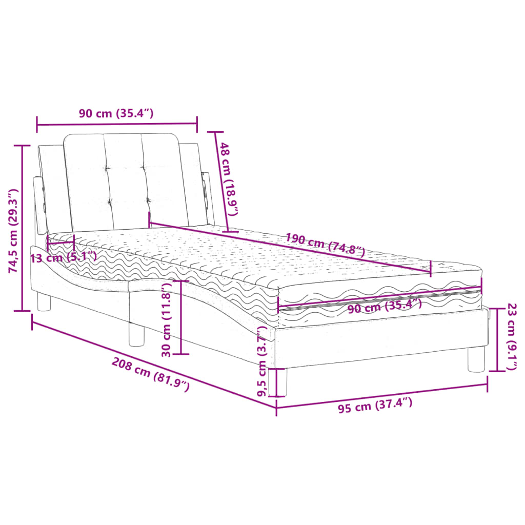 vidaXL Bett mit Matratze Weiß und Schwarz 90x190 cm Kunstleder