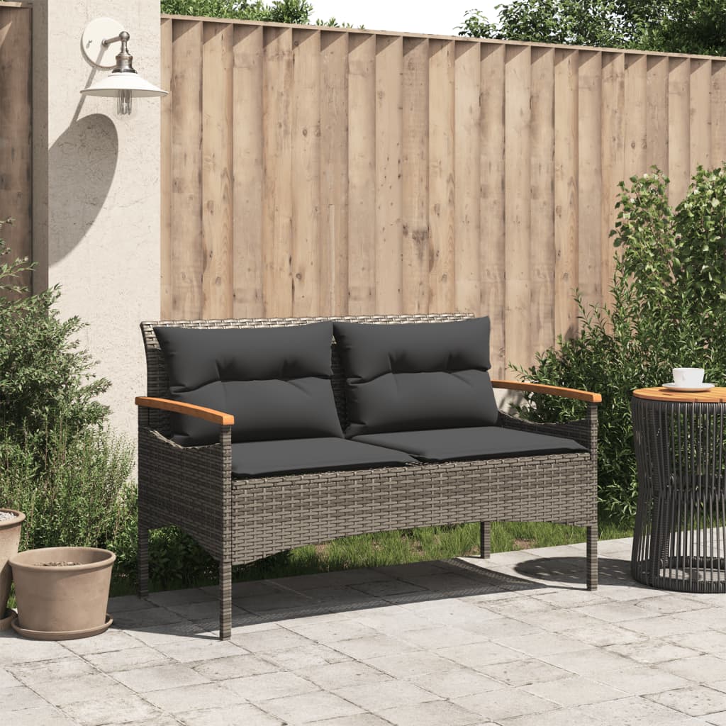 vidaXL Gartenbank mit Kissen 116x62,5x74 cm Grau Poly Rattan