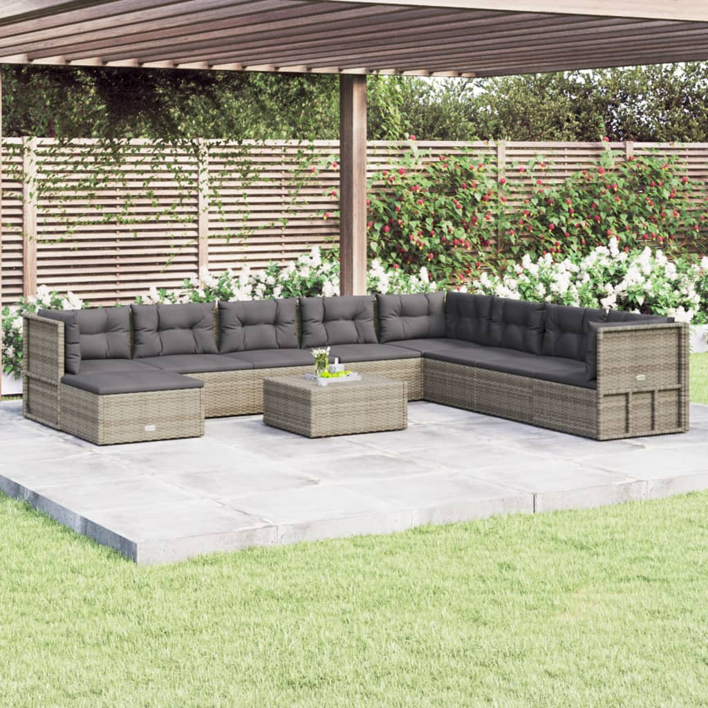 vidaXL 9-tlg. Garten-Lounge-Set mit Kissen Grau Poly Rattan