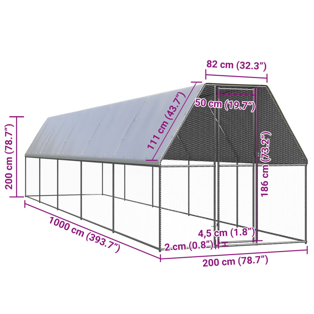 vidaXL Outdoor-Hühnerkäfig 2x10x2 m Verzinkter Stahl