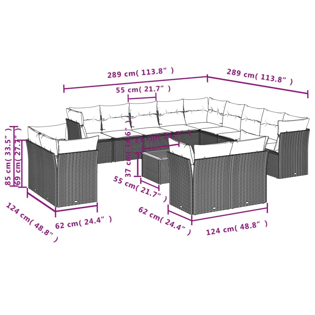 vidaXL 14-tlg. Garten-Sofagarnitur mit Kissen Schwarz Poly Rattan