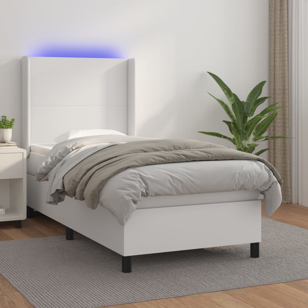 vidaXL Boxspringbett mit Matratze & LED Weiß 90x190 cm Kunstleder