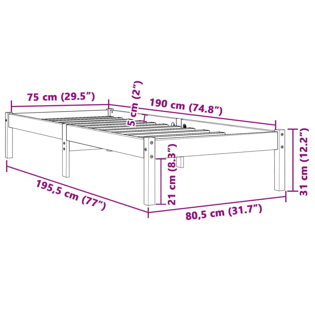 vidaXL Massivholzbett ohne Matratze Wachsbraun 75x190 cm Kiefernholz