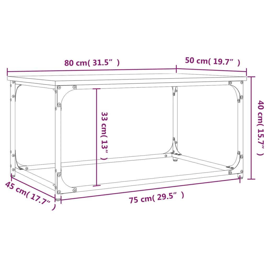 vidaXL Couchtisch Braun Eichen-Optik 80x50x40 cm Holzwerkstoff Eisen