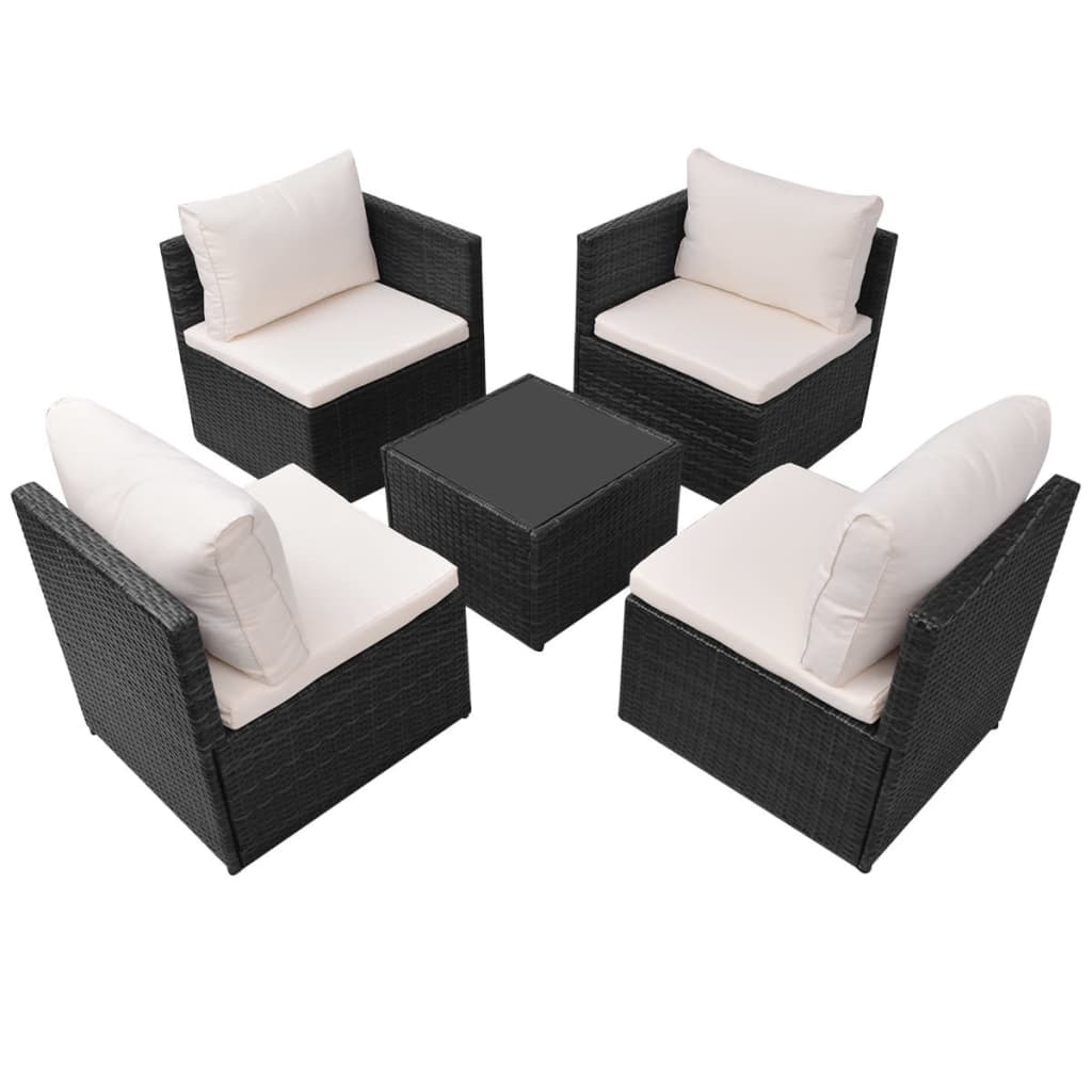 vidaXL 5-tlg. Garten-Lounge-Set mit Auflagen Poly Rattan Schwarz