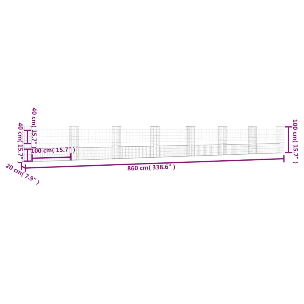 vidaXL Gabionenkorb U-Form mit 8 Säulen Eisen 860x20x100 cm