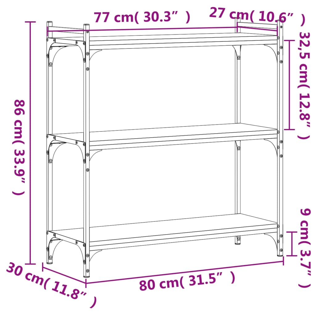 vidaXL Bücherregal 3 Böden Braun Eichen-Optik 80x30x86cm Holzwerkstoff