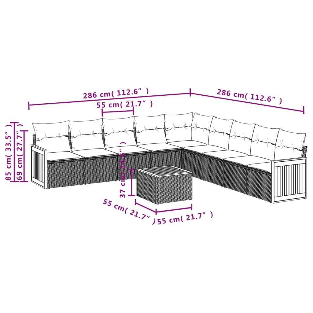 vidaXL 10-tlg. Garten-Sofagarnitur mit Kissen Schwarz Poly Rattan