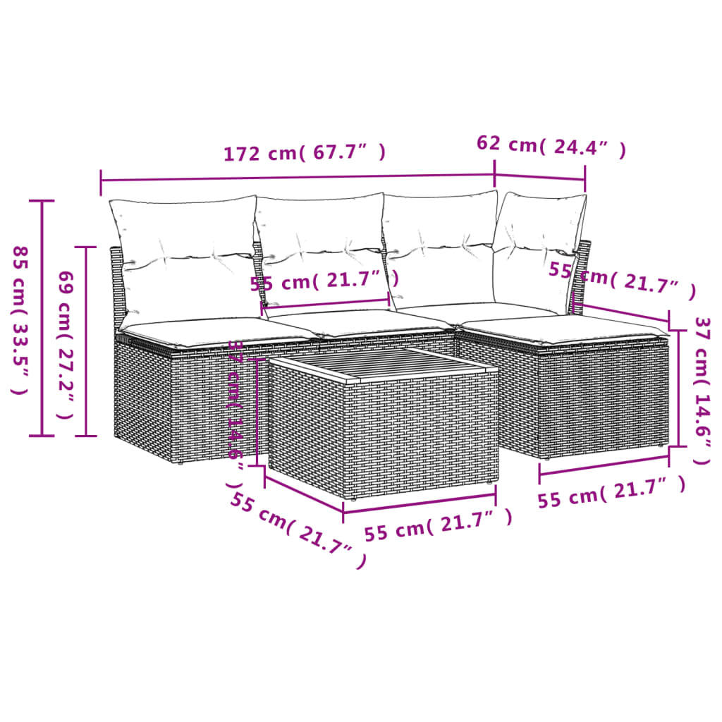 vidaXL 5-tlg. Garten-Sofagarnitur mit Kissen Beige Poly Rattan