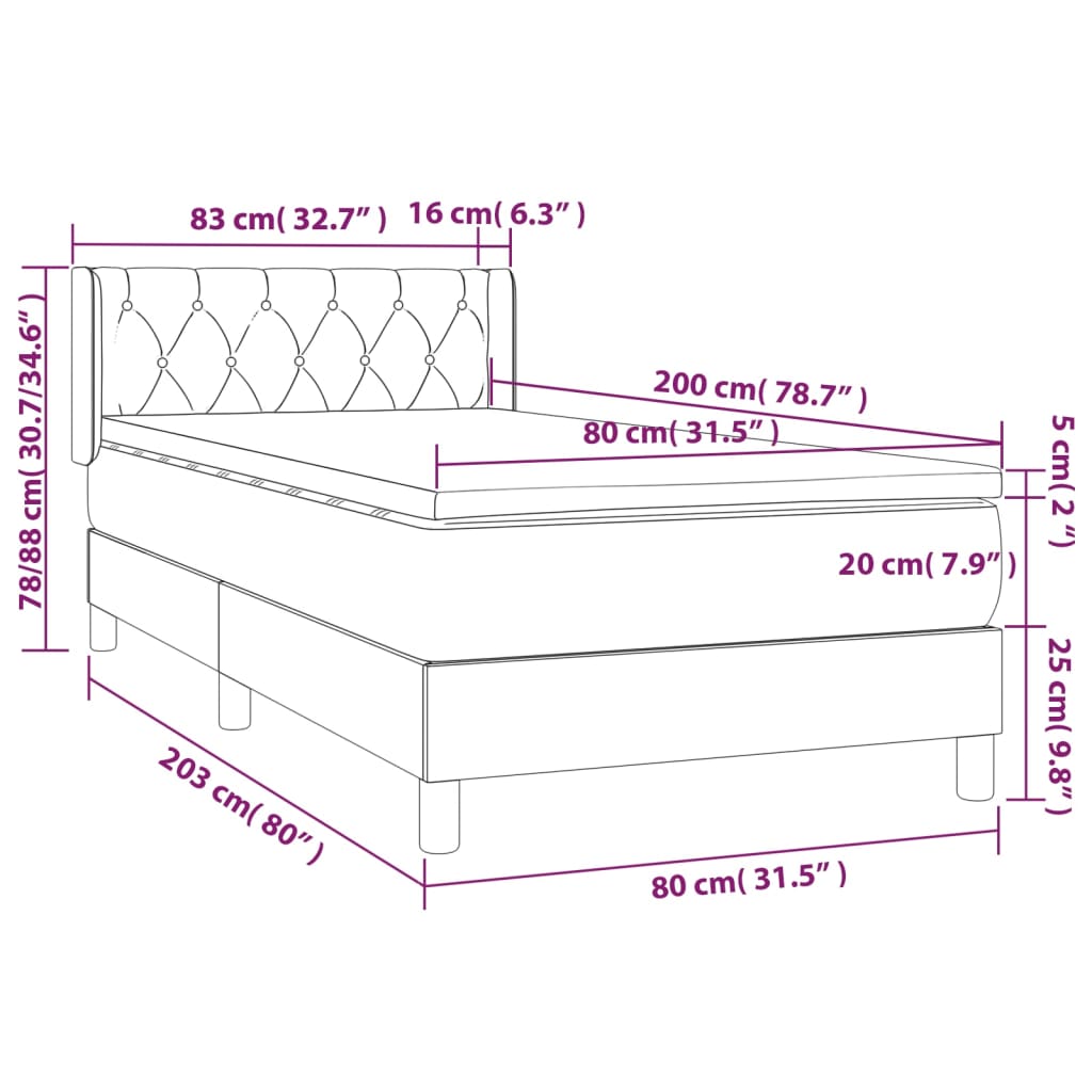 vidaXL Boxspringbett mit Matratze Hellgrau 80x200 cm Samt