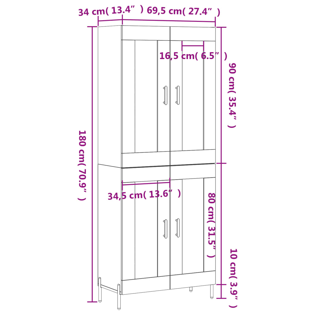 vidaXL Highboard Weiß 69,5x34x180 cm Holzwerkstoff