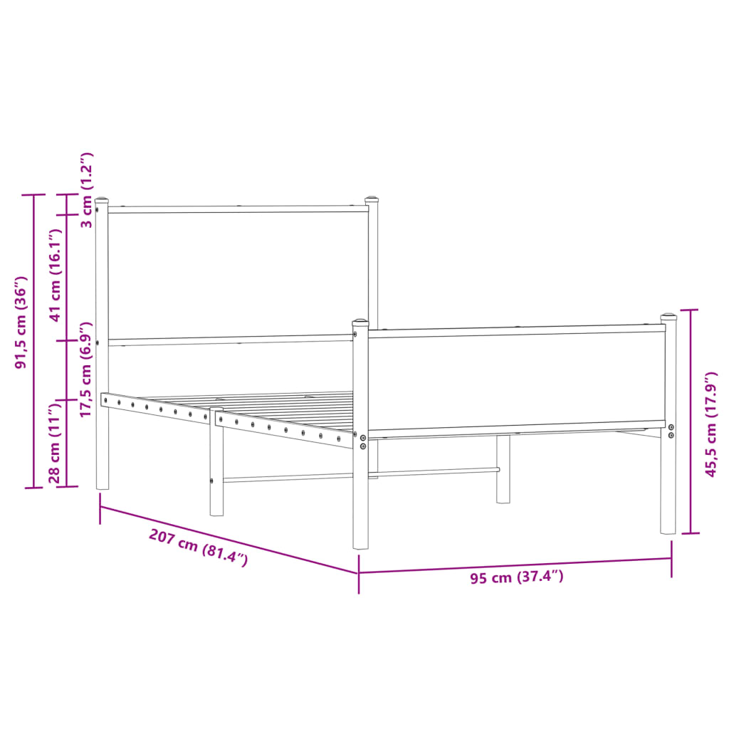 vidaXL Metallbett ohne Matratze Räuchereiche 90x200 cm